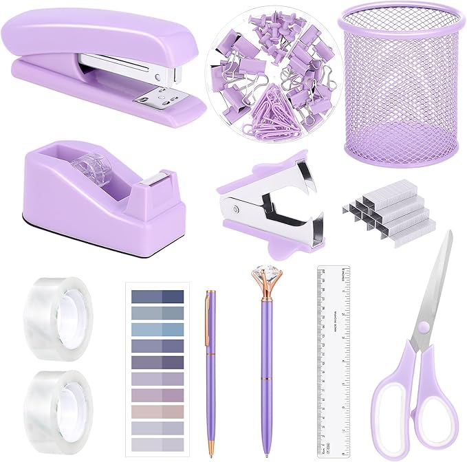 13 in 1 Purple Desk Office Supplies Set, Purple Stapler and Tape Dispenser Desk Accessories for Women with Stapler,Tape Dispenser,1000 Staple,Pen Holder,Staple Remover,Clip,Ruler,Scissor, Tab,Tape,Pen