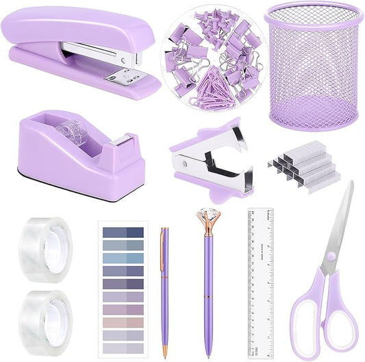 13 in 1 Purple Desk Office Supplies Set, Purple Stapler and Tape Dispenser Desk Accessories for Women with Stapler,Tape Dispenser,1000 Staple,Pen Holder,Staple Remover,Clip,Ruler,Scissor, Tab,Tape,Pen