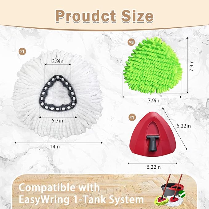 5PCS Spin Mop Replacement Head Compatible with Ocedar EasyWring 1-Tank System,1 Microfiber+3 Chenille Spin Mop Refill Replace for O Cedar,Washable Mop Replace Head for Floor Deep Clean