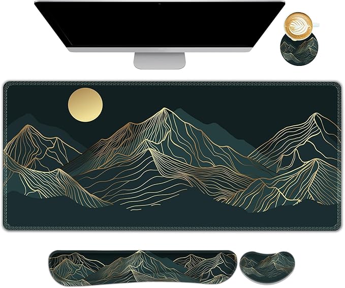 AIMSA Keyboard & Mouse Pad Set, Extended Desk Mat + Ergonomic Mouse & Keyboard Wrist Rest Support, 35x15.7in Abstract Gold Sun Mountain