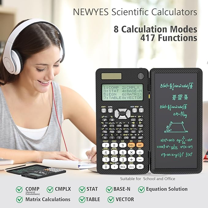 NEWYES Rechargeable Scientific Calculators 991ES MAX, 417 Functions, Writing Pad, Foldable Hard Case, 4-Line Written Display Advanced Calculators for Students School Engineering, Dual Power, Black
