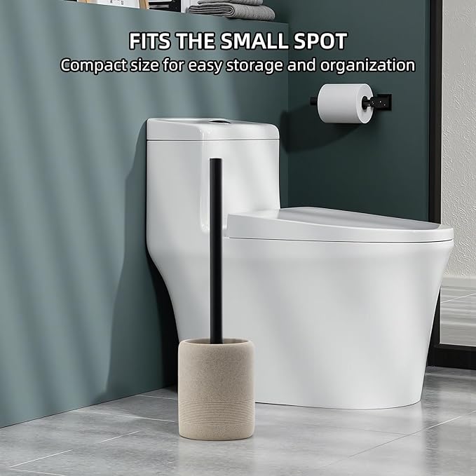 Haocoott Toilet Brush and Holder Set, 2 PCS Decorative Toilet Bowl Brush and Holder Set Bathroom Aceessories Toilet Scrubber Brush Set with Heavy-Weight Resin Base with Long Handle (Beige)