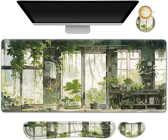 Large Mouse Pad and Keyboard Wrist Rest, Extended Mouse Pad with Wrist Support Ergonomic, Non-Slip Desk Mat, Desk Protector Blotter for Home Office, Window Green Plants