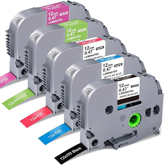 RAEMALL Compatible with Brother Label Tape TZe335 TZe435 TZe535 TZeMQG35 TZeMQP35 TZe TZ Tape, 12mm 0.47 Inch Laminated White on Color Compatible with Brother P Touch Label Maker PT-D210 H110