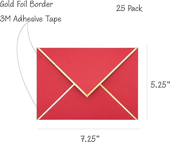 A7 Envelopes - V Flap Foil Border Luxury Mailing Envelopes for 5" x 7" Cards - for Wedding, Invitations, Baby Shower, Photos, Graduation, Birthday, Bridal Shower - 5.25" x 7.25" (Red, 25 Pack)