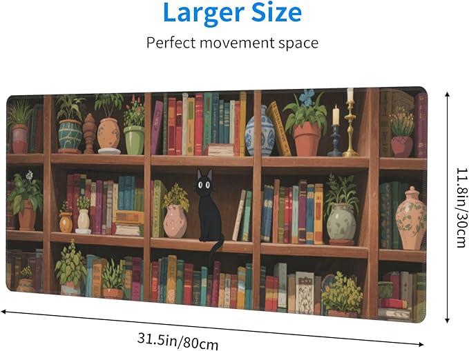 Bookshelf Cat Green Plants Large Mouse Pad, Anime Style Gaming Desk Mat, XL Keyboard Desk Pad Mat for Desktop, 31.5"x11.8" Non-Slip Base Big Mousepad with Stitched Edges