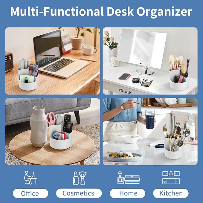 Desk Pencil Pen Holder, 3 Slots 360-Degree Spinning Organizers, Desktop Storage Stationery Supplies, Cute Cup Pot for Office, School, Art Supply, Kids - Gray