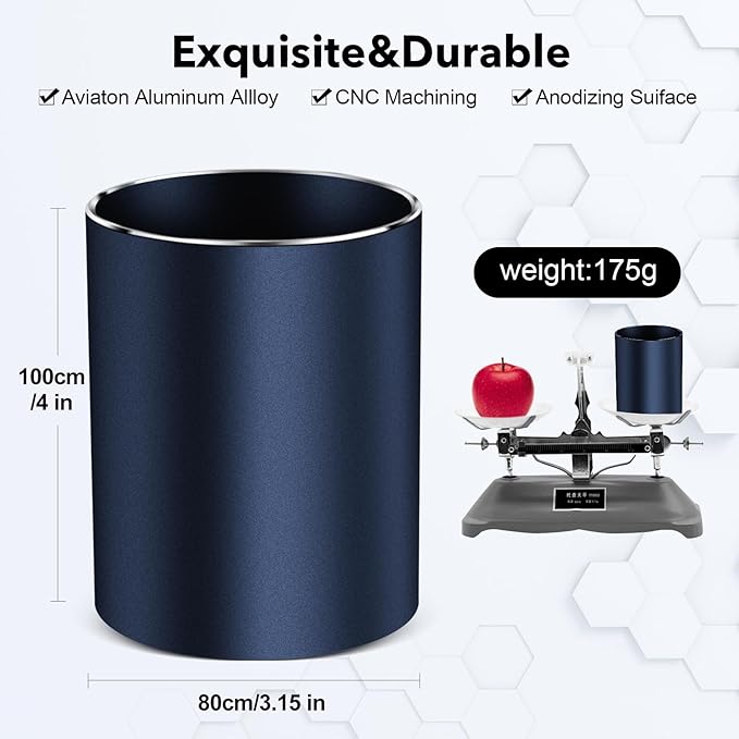 Metal Pen Holder for Desk Round Aluminum Desktop Organizer and Makeup Brush Holder Storage Box for Office, School, Home, and Kids, Non-slip silicone bottom3.9×3.14inch (Blue)