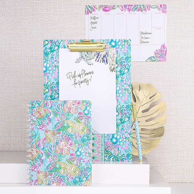Lilly Pulitzer Blue/Gold Hardcover Mini Spiral Notebook, 8.25" x 6.5" Small Journal with 160 College Ruled Pages, Aqua La Vista