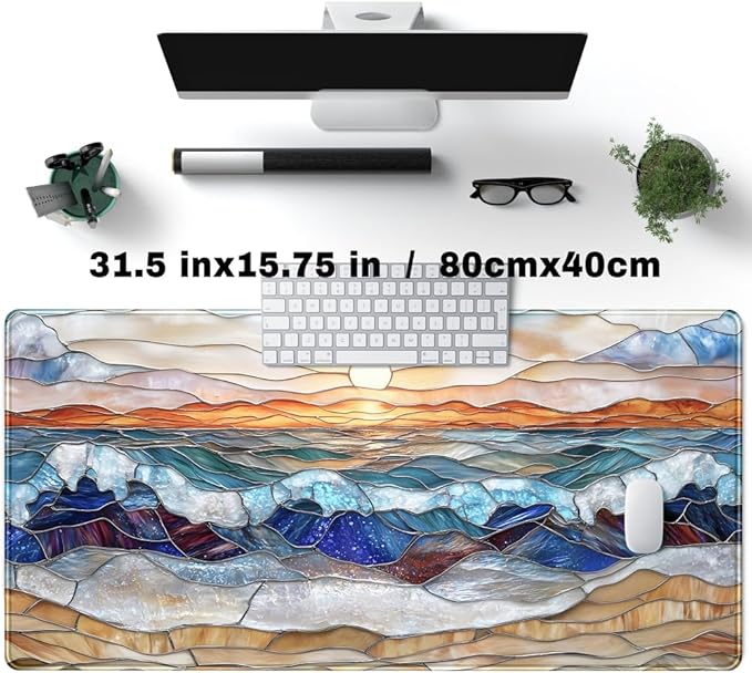 Mountain Sunrise Gaming Mouse Pad Large Desk Mat Extended Mouse and Keyboard Pad, Faux Stained Glass Nature Mousepad with Stitched Edge Mouse Desk Pad Computer Mat Soft Aesthetic Decor 31.5 X 15.7 in