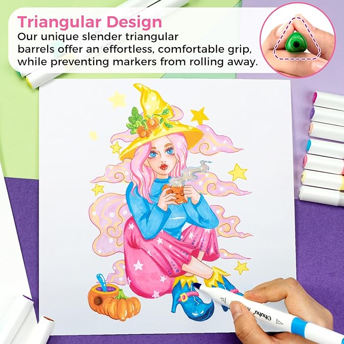 Ohuhu Markers: 48-Color Double Tipped Brush & Chisel Alcohol Markers for Adults Coloring Illustration, Alcohol-based Art Marker Set with Unique Designed Grip, Great Value Pack for Beginners