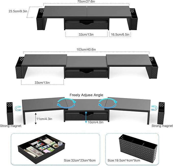 Spacrea Metal Desk Organizers and Accessories, Dual Monitor Stand Riser with Drawer and 2 Pen Holders, Desk Accessories & Workspace Desktop Organizers for Office Supplies (Black)