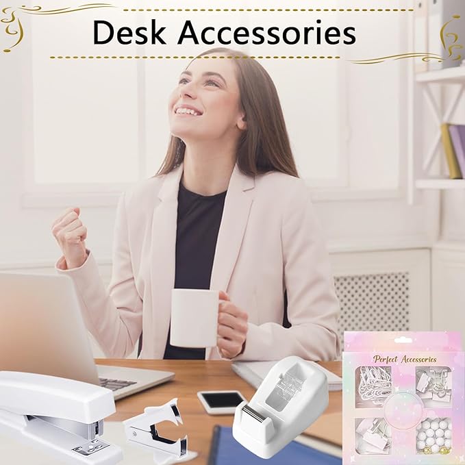 Office Supplies Set,Desk Accessories,Stapler and Tape Dispenser Set,1000 Staples,Staple Remover,Hinder Clips,Ruler,Scissor,Clear Tape,Ballpoint Pen,Sticky Notes,Gifts for Colleagues(White)