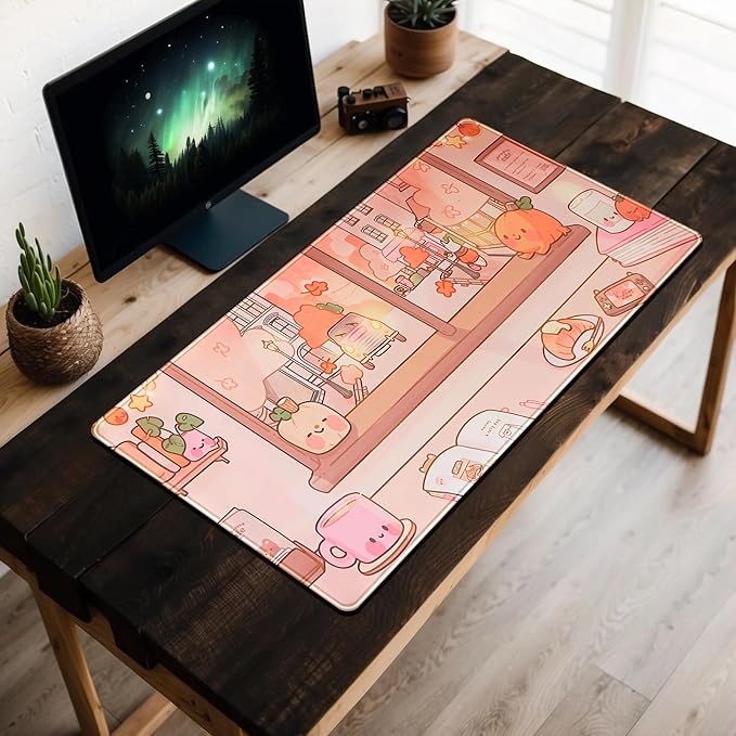 Cute Anime Desk Mat Large Kawaii Mouse Pad Coffee Shop Gaming Mousepad XXL Extended Autumn Pumpkin Themed Desk Pad Computer Laptop Keyboard Mouse Mat Desk Decor 31.5x15.7 in