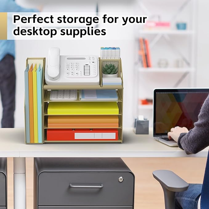 DocNest 5 Tier Paper Letter Tray File Organizer, Mesh Desk File with Handle, Workspace Desk Organizers with Pen Holder, Office Organization Storage Accessories - Gold Yellow