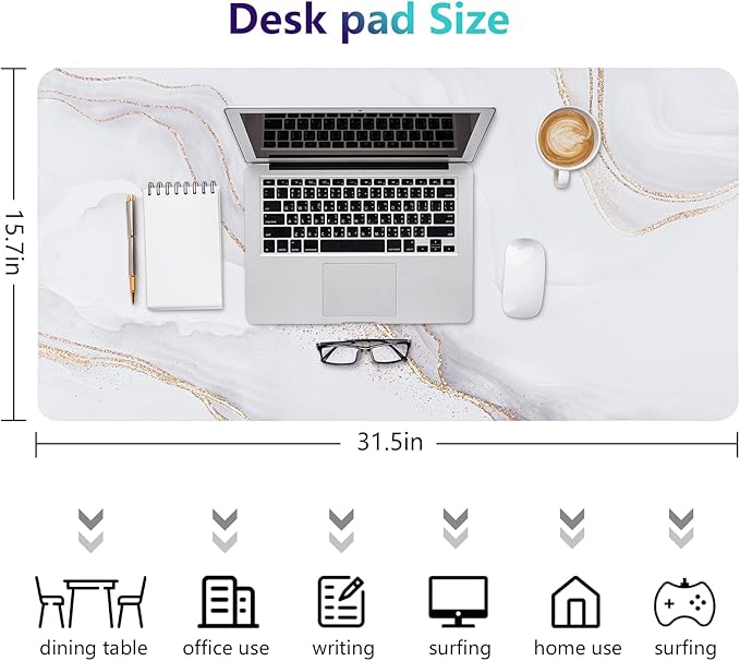 Desk Mat, Desk Pad Dual Leather Sided Desktop Mat for Office and Home,Desk Organization and Accessories - Ideal for Large Mouse Pad and Desk Mats on Top of Desks (White Marble 31.5"x 15.7")