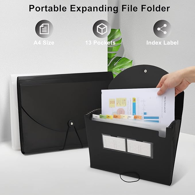 Accordian File Organizer 13 Pocket Expanding File Folder with Labels, 2 Pack A4 Letter Size Paper Document Receipt Organizer Portable Accordion Filing Folder for Classroom, Home, Office…