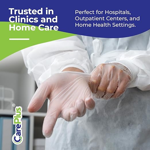 CARE PLUS Vinyl Gloves Clear Large Size 100 Count | Heavy Duty, Non-Sterile, Powder-Free, Latex-Free Rubber | Food Prep, Kitchen & Cleaning Gloves, Ideal for Professional Use