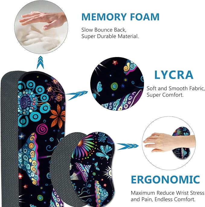 AIMSA Large Gaming Mouse Pad Set, Keyboard Wrist Rest Support+ Extended Mousepad+ Mouse Wrist Cushion+Coaster, Ergonomic Multifunctional Desk Mat 35x15.7in, Colorful Abstract Mushrooms