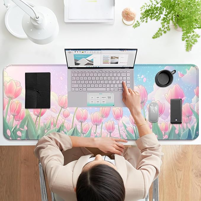 Pink Flower Tulips Gaming Desk Mat, Computer Keyboard Large Extended Long Floral Mouse Pad for Office and Home, XL (W30)
