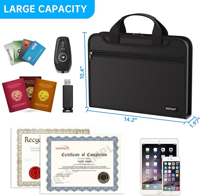 ENGPOW Document Organizer Folder,Fireproof Expanding File Folder with Multi Pockets,3 Pockets File Organizer with Handle,Portable Home Travel Safe Storage for Important Documents,Passport,Laptop