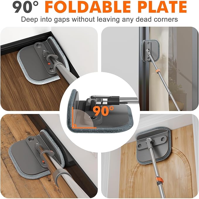 Upgraded Spin Mop and Bucket System Set, Self Separate Clean and Dirty Water, Foldable Square Standing Mop Head with Microfiber Mop Pads, Detachable Bucket (Grey+Orange, Mop Set with 2PC Pads)