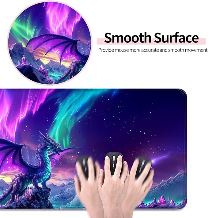 Fantasy Aurora Scenery and Dragon Gaming Desk Mat, Computer Keyboard Large Extended Long Mouse Pad for Office and Home, XL (W06)