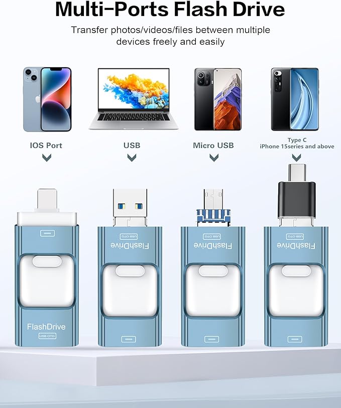 256GB Flash Drive for iPhone Photo Stick,Thumb Drive USB Stick High Speed Transfer USB Drives External Picture Video Storage Memory Expansion for iPhone/iPad/PC (Blue)