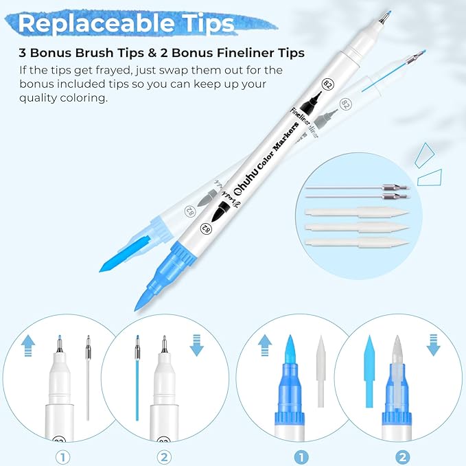 Ohuhu Markers for Adult Coloring Books No Bleeding 60 Colors Coloring Markers Water-based Dual Tips Fineliner & Brush Drawing Pens Art Pens for Kids Adults Sketch Journal - Maui - White