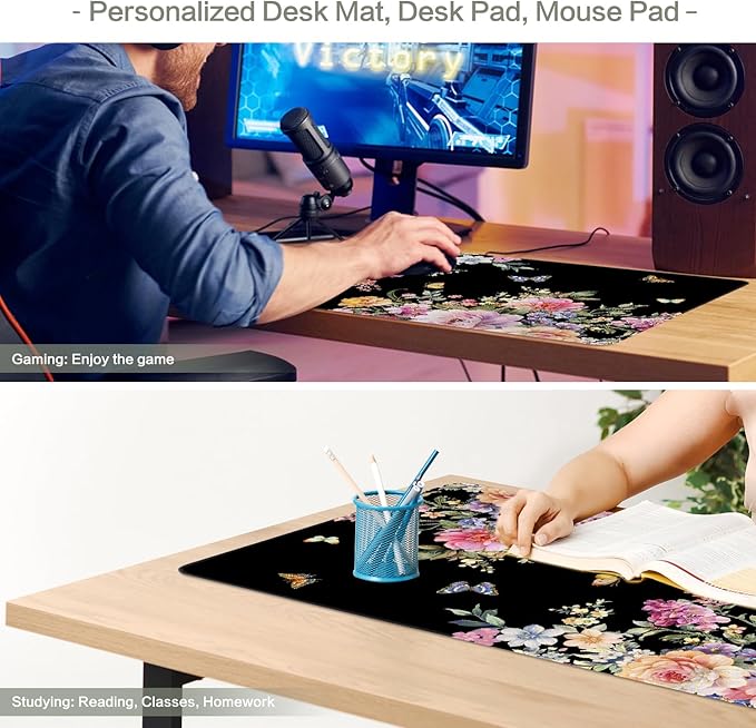 Vimorco Desk Mat Mouse Pad Butterfly Flower, Waterproof Pink Floral XL Large Gaming Desk Pad Mousepad, Black Computer Laptop Keyboard Mouse Mat for Women Girls Work, Game, Office, Home 31.5 x 11.8 in