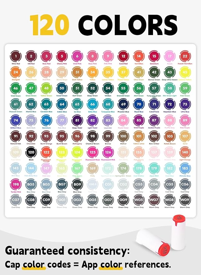 YHC 120 Colors Alcohol Brush Marker with Free App, Chen Rui Dual Tips Art Markers for Adults and Kids, Alcohol Based Brush & Chisel Tips Markers for Drawing, Coloring, Painting, Sketching