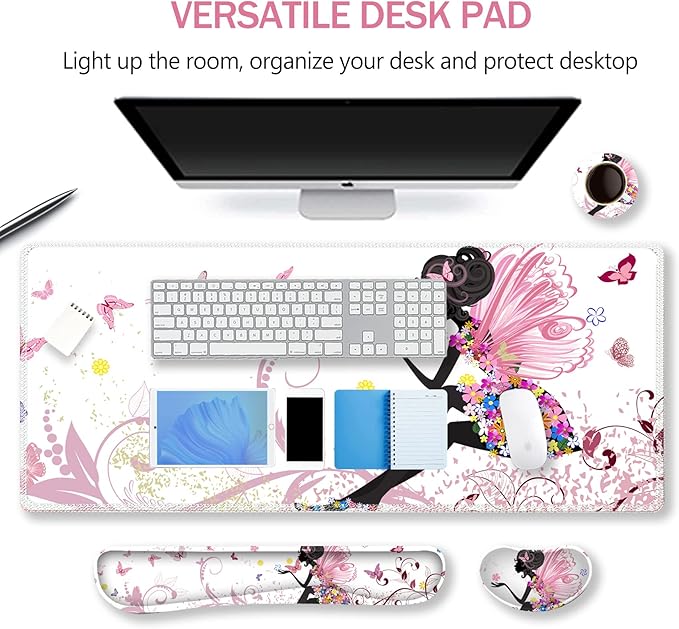 ARTSO Extended Gaming Mouse Pad Set, Keyboard Wrist Rest Support Pad + Wrist Cushion + XXL Large Mouse Pad + Coaster, Stitched Edge, Non-Slip, Memory Foam Desk Mat, Pink Butterfly Girl
