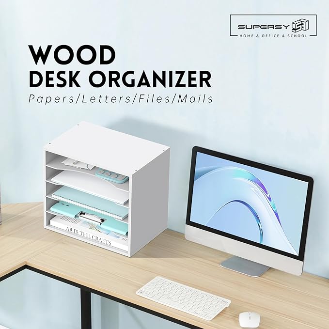 SUPEASY Wood Desk Organizer, 5 Tier Paper File Organizer for Desk, Wooden Desktop Organizer, Paper Letter Literature Mail Sorter, for Office School & Home Organization, White