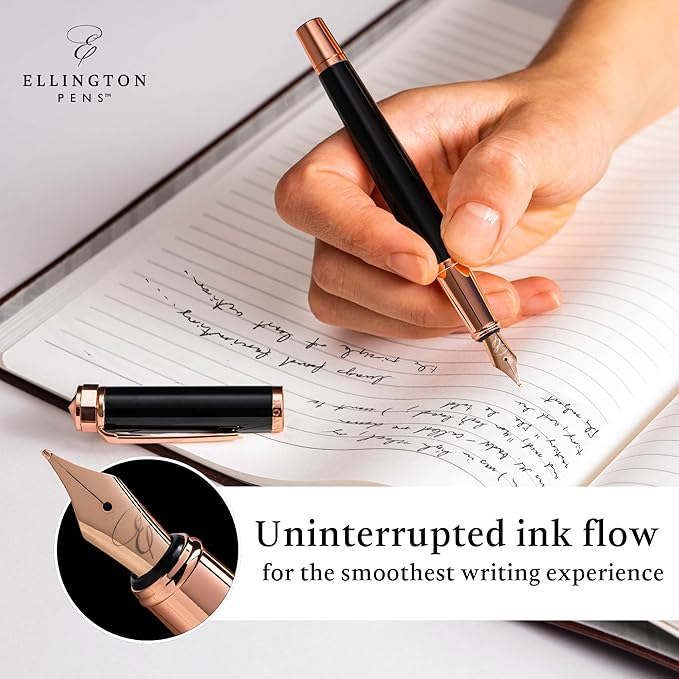 Ellington Pens Luxury Fountain Pen Set - Extra Fine Nib- Includes 3 Ink Cartridges, Refillable Ink Converter, Gift Box- Fountain Pens For Writing, Calligraphy, Journaling, Sketching (Midnight Rose)