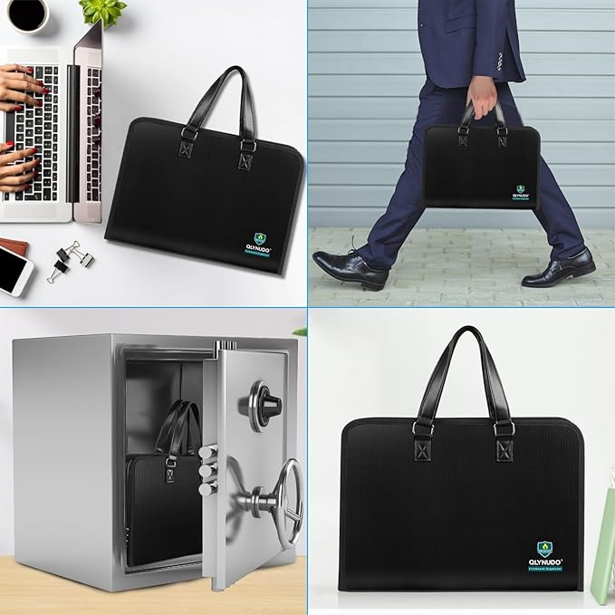 Portable Fireproof Important Document Organizer Binder with Lock for A4 Size, 13-Pocket Expanding File Folder with Zipper for Personal Document Storage, Business, and Estate Planning