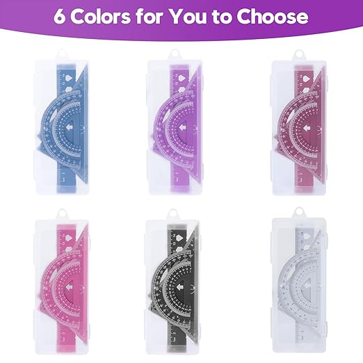 MSDADA Triangle Ruler, Protractor, Square and Ruler Set, 4 Pieces Aluminum Alloy Ruler, Metal Drafting Ruler Kit, Geometric Protractor for Student, School, Home, Office (Purple, 15cm/5.9inch)