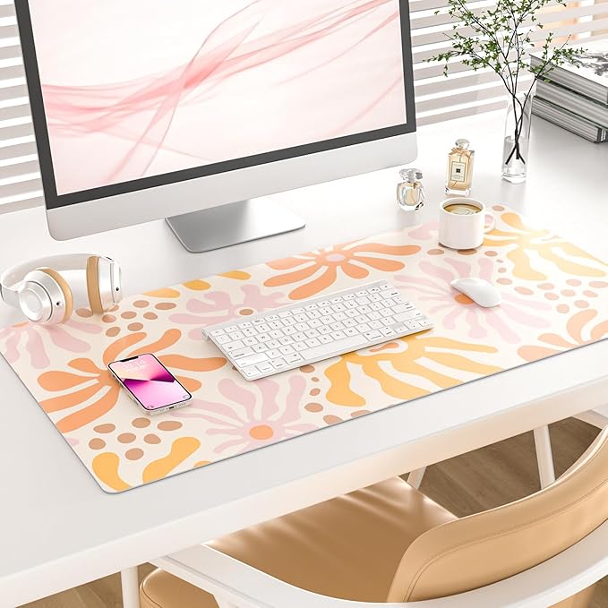 Colorful Star Large Mouse Pad, PU Leather Waterproof Desk Mat, Computer Gaming Mouse Pad, XXL Full Desk Mousepad Non Slip Desk Pad for School Office Home 31.5" x 15.7" - Wavy Flowers