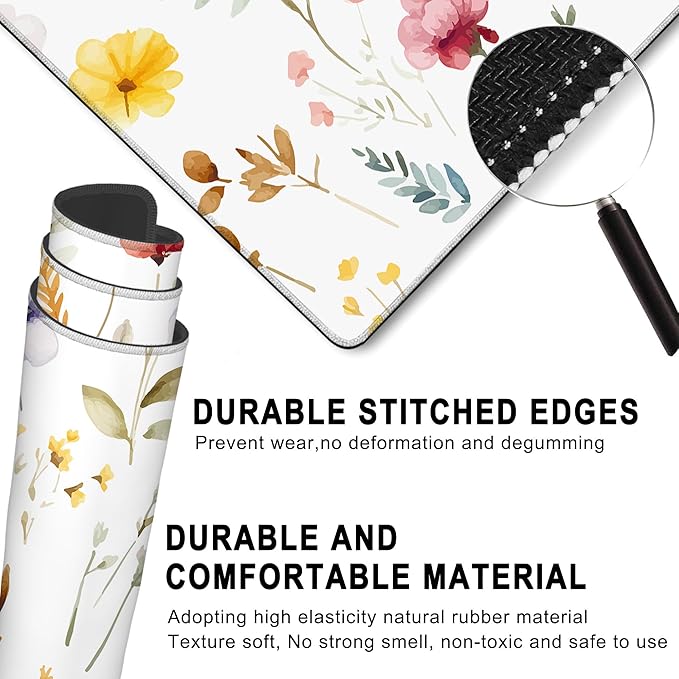 Gaming Mouse Pad, Watercolor Floral Wildflowers Large Desk Mat for Keyboard and Mouse,Non-Slip Rubber Base and Stitched Edges Desk Pad for Home Office 35.4x15.7in