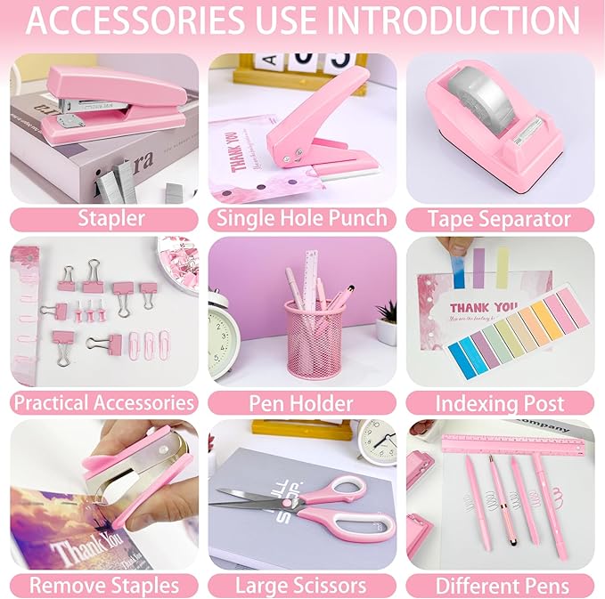 Pink Desk Accessories Set - 16 Pcs Pink Office Supplies with Stapler, Tape Dispenser, Pen Holder, Staple Remover, Hole Punch, Practical Aesthetics Desk Sets for Office, Home, School Women