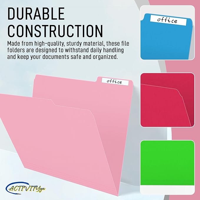 Pink File Folders, 1/3-Cut Tabs, Letter Size, 12-Pack – Durable Office Filing Folders for Documents, Papers, and Organization
