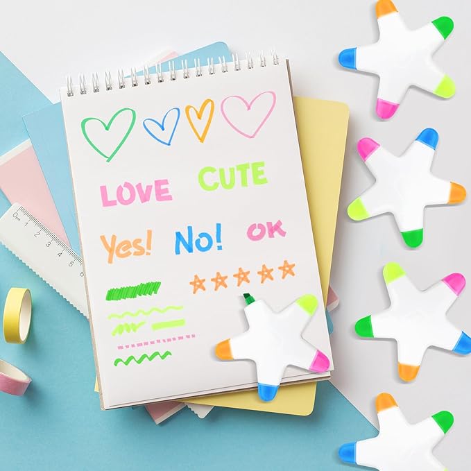 10 PCS Star Highlighters Bulk 5-in-1 Colorful Watercolor Highlighter Pens Assorted Colors Creative Star Shape Fluorescent Pens for School Office Travel Aesthetic Stationery Supplies
