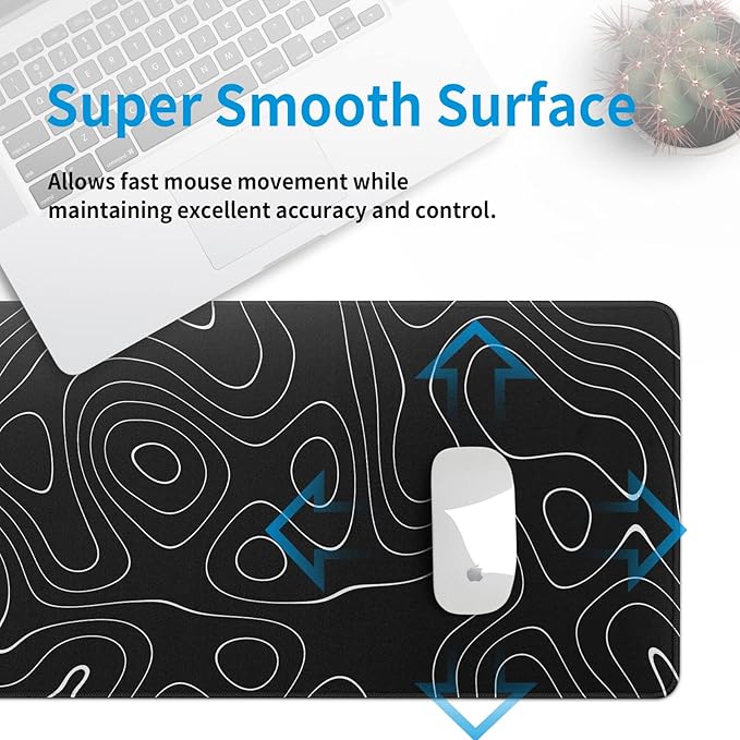 Large Topographic Map Gaming Mouse Pad for Desk Black Desk Pad with Non-Slip Rubber Base Stitched Edge Desk Organizers and Accessories Desk Decor