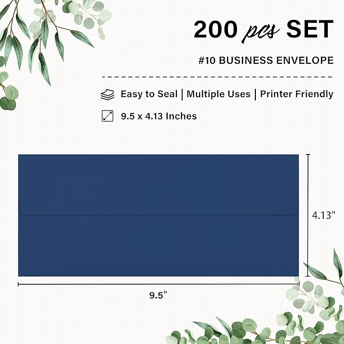 200 Pack #10 Business Envelopes, Self Seal Standard Navy Blue Envelopes for Secure Business & Legal Mailing, Office, Checks, Letter, Invoices, 4 1/8 x 9 1/2 Inches