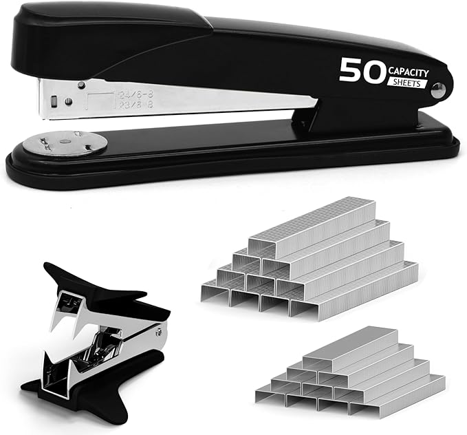 Metal Stapler Heavy Duty 50 Sheet Capacity with 2000 Staples and Staple Remover, No Jam, Non-Slip Stapler for Desk, Black Office Supplies for Teacher, Office Clerks