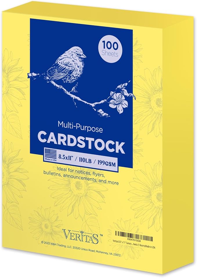 Veritas Yellow Colored Cardstock, 8.5" x 11" Colored Copy paper, 110LB/199GSM Printer Paper, 100 Sheets (1 Reams), Colored Multi-Purpose Paper, Made in USA