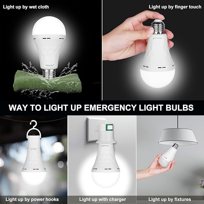 2 Pack Emergency Rechargeable Light Bulbs,Battery Operated Backup Light Bulb 9W E27 8500K 1200mAh White Equivalent Self-Charging LED Light Bulbs for Power Outage Camping Outdoor Activity