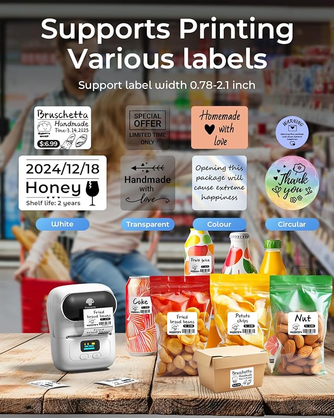 Phomemo Label Printer - M110 Address Label Maker Bluetooth Thermal Portable Label Maker Machine for Small Business, Barcode, Cable, Retail, Clothing, Barcode Printer Compatible with Phones & PC, White