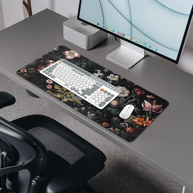 Vintage Aesthetic Mouse Pad,Extended Flower Plant Black Mousepad Desk Pad with Stitched Edges,Non-Slip Waterproof Rubber Base Mouse Mat for Office Computer Keyboard Laptop Home(27.5x11.8 in)