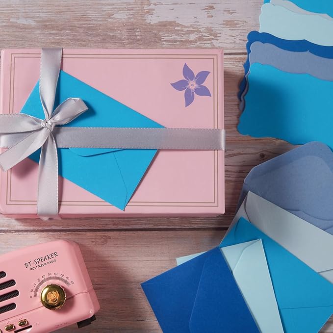 100 Pack Mini Envelopes with Note Cards in 5 Colors for Wedding, Birthday, Baby Showers, 4 x 2.7 Inches (Blue)