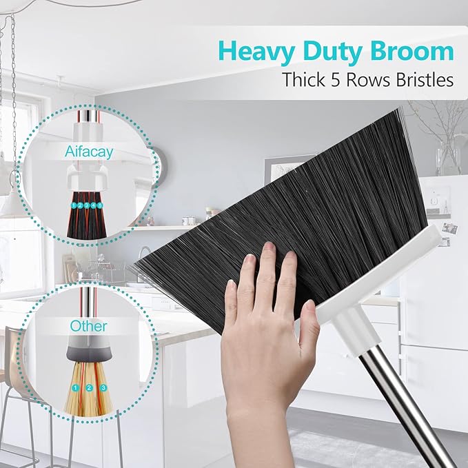 Aifacay Broom and Dustpan Set, Broom with Dustpan Sets, Long Handle Dust Pan, Standing Brooms Combo Set Heavy Duty for Home Kitchen Indoor Outdoor Lobby Office Collapsible Dust pan with Cleaning Teeth